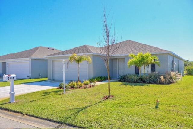 ranch-style home with a garage and a front lawn