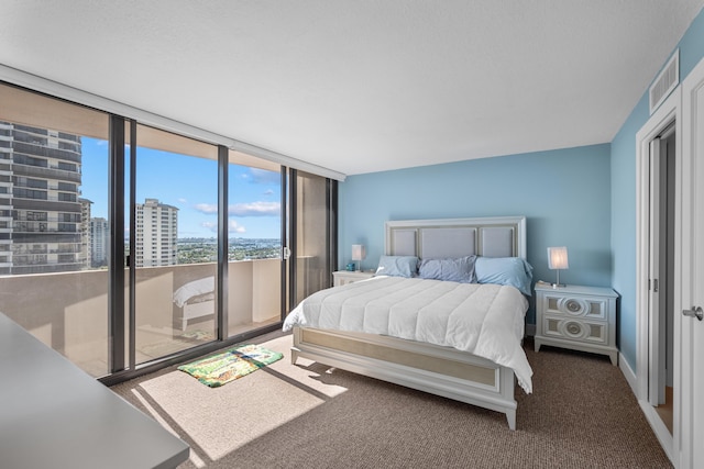 carpeted bedroom with a wall of windows