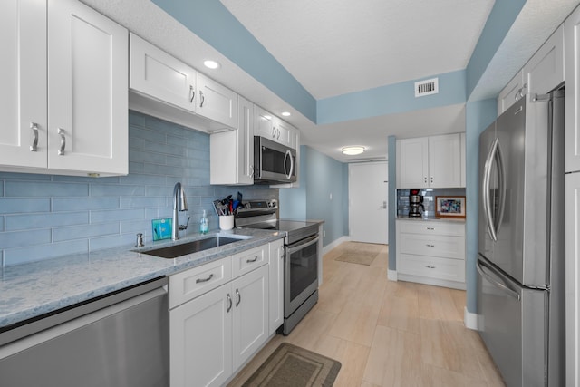 kitchen with stainless steel appliances, a sink, visible vents, white cabinets, and decorative backsplash