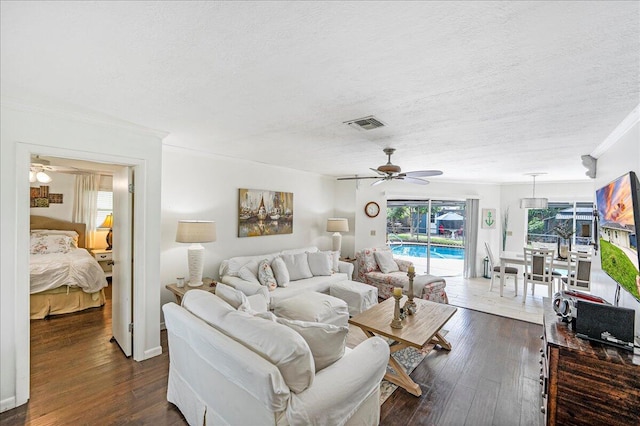 living room featuring ornamental molding, a textured ceiling, ceiling fan, and dark wood-type flooring