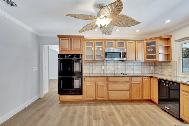 kitchen with black appliances, light hardwood / wood-style floors, light stone counters, and ornamental molding