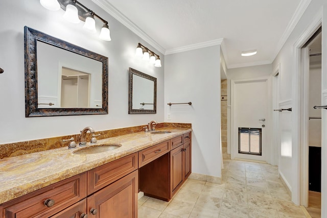 bathroom with vanity and crown molding