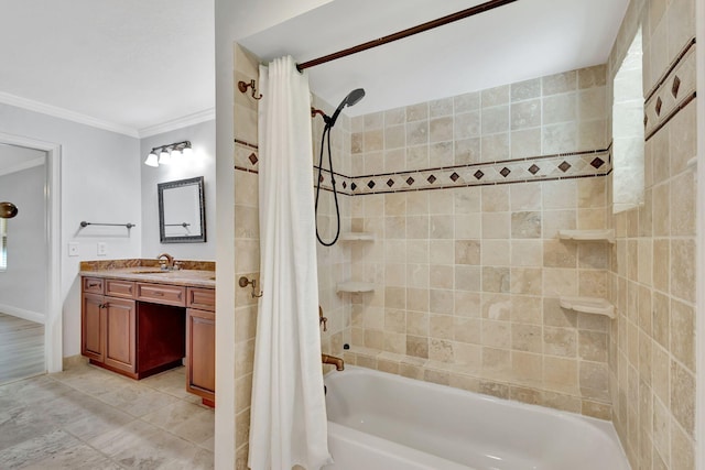 bathroom with ornamental molding, vanity, and shower / bath combo with shower curtain