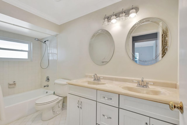 full bathroom featuring tiled shower / bath combo, tile patterned floors, crown molding, toilet, and vanity