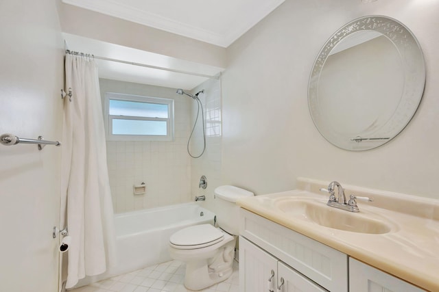 full bathroom with vanity, tile patterned flooring, toilet, shower / bath combo with shower curtain, and ornamental molding