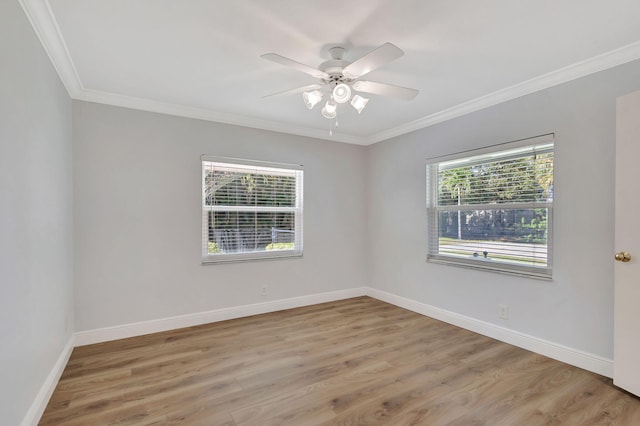 empty room with ceiling fan, light wood-type flooring, and crown molding