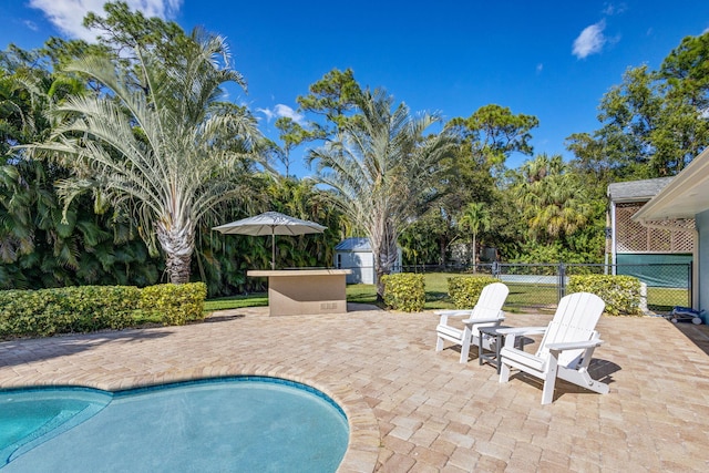 view of swimming pool with a shed and a patio area