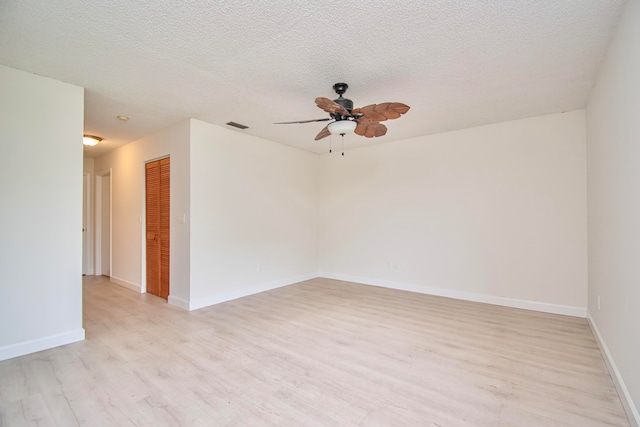 unfurnished room featuring ceiling fan, light hardwood / wood-style flooring, and a textured ceiling