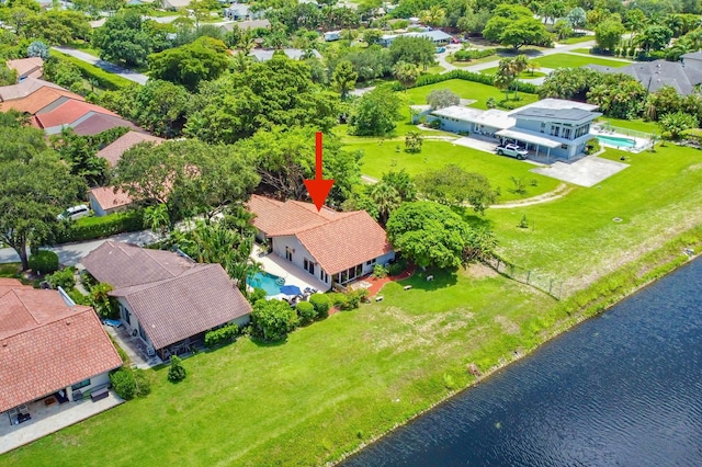 drone / aerial view featuring a water view