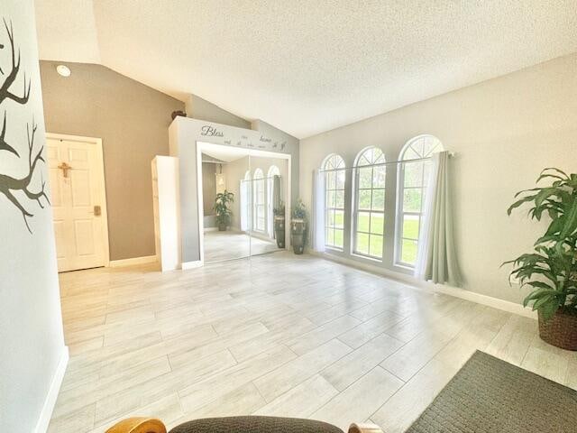 spare room with a textured ceiling, light hardwood / wood-style flooring, and lofted ceiling