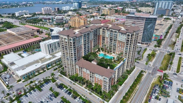 birds eye view of property featuring a water view