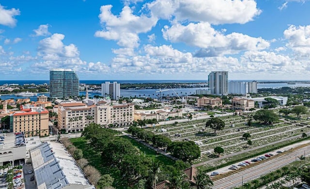 bird's eye view with a water view