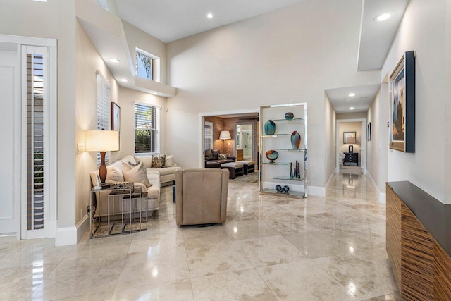 living room with a high ceiling