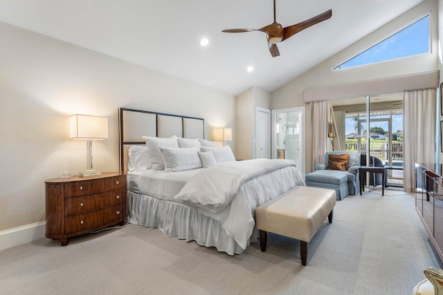 bedroom featuring ensuite bath, light colored carpet, high vaulted ceiling, and ceiling fan