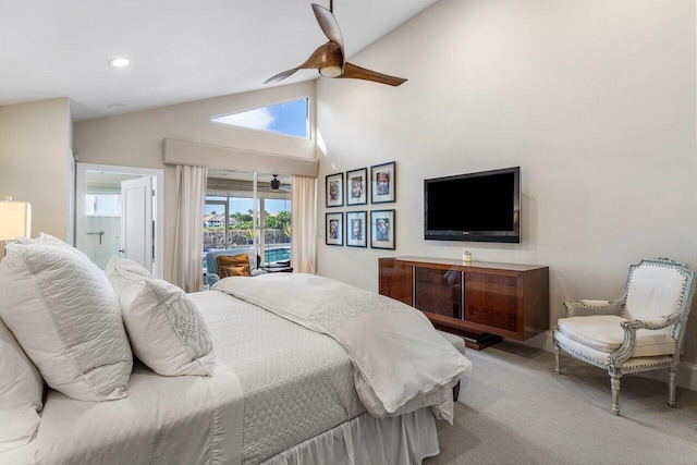 bedroom featuring access to exterior, light carpet, high vaulted ceiling, and ceiling fan