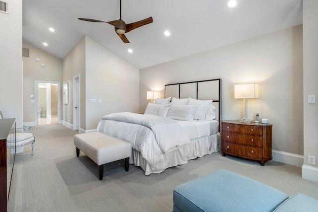 carpeted bedroom featuring ceiling fan and high vaulted ceiling