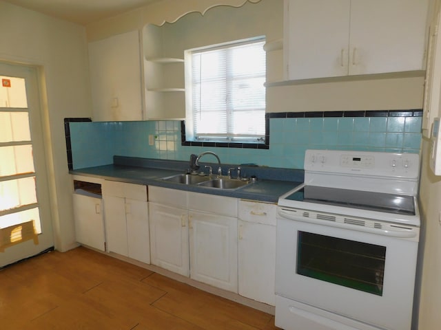 kitchen with white range with electric cooktop, white cabinets, sink, decorative backsplash, and light hardwood / wood-style floors