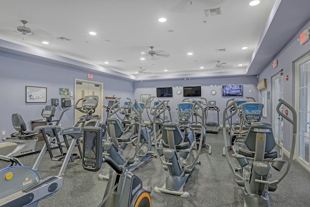 workout area featuring a raised ceiling and ceiling fan