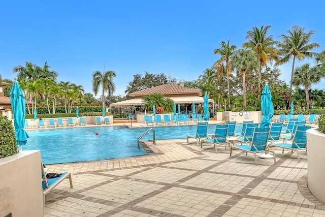 view of swimming pool featuring a patio area