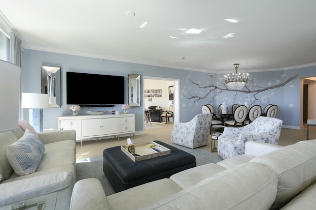 living room with a notable chandelier, light colored carpet, and crown molding