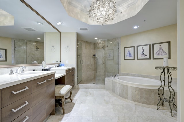 bathroom with ornamental molding, vanity, separate shower and tub, and a notable chandelier