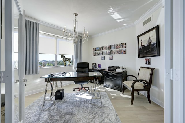 3610 Gardens Pkwy Unit 503A, Palm Beach Gardens, FL 33410 - office area with light wood-style floors, crown molding, a chandelier, and baseboards