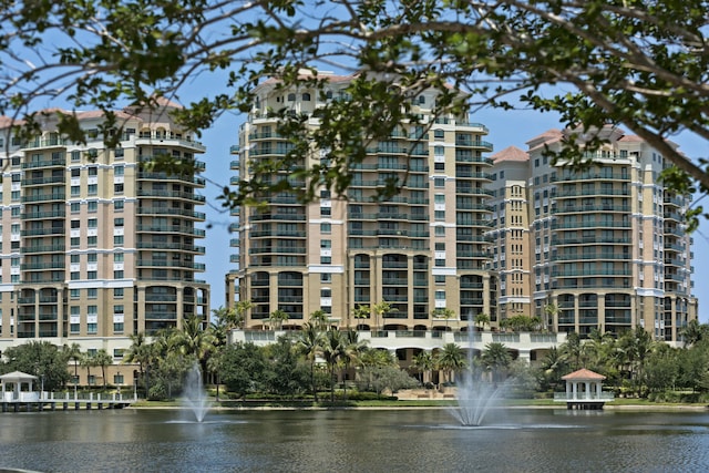 view of building exterior featuring a water view