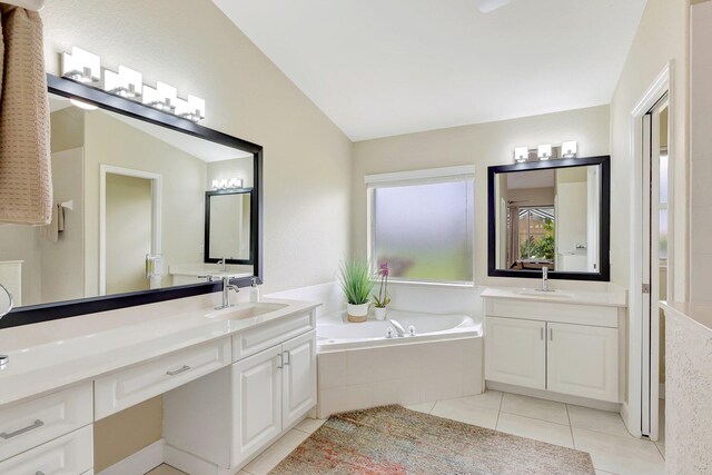 bedroom featuring light tile patterned floors, access to outside, ceiling fan, and lofted ceiling