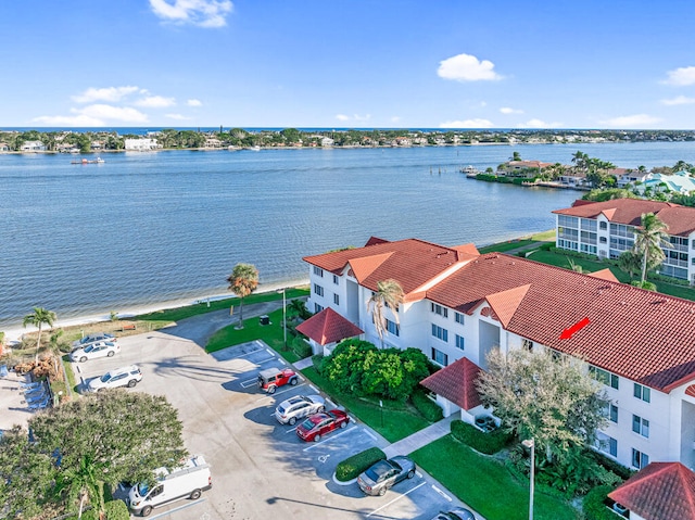 aerial view featuring a water view