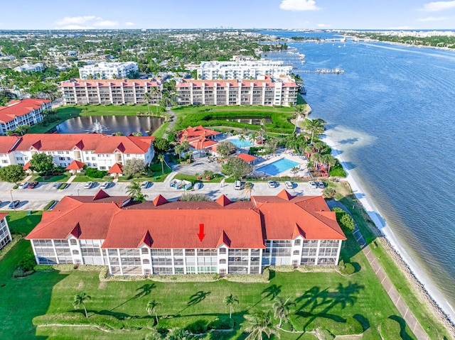 drone / aerial view featuring a water view