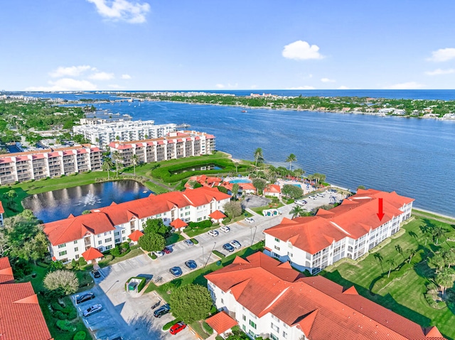 aerial view featuring a water view