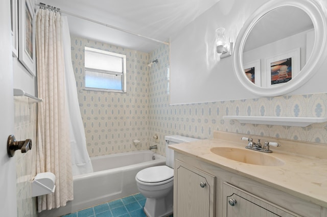 full bathroom with vanity, toilet, and shower / bathtub combination with curtain