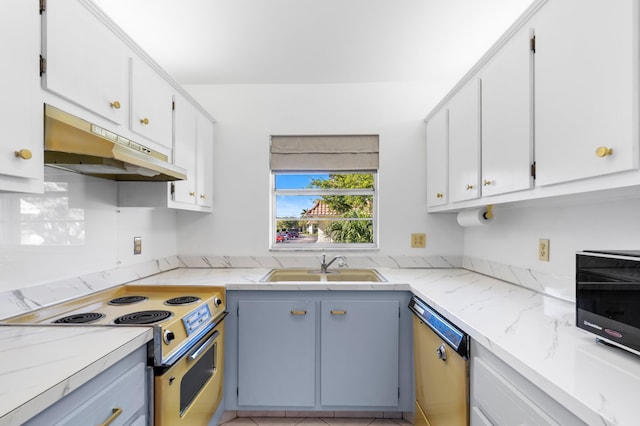 kitchen with electric stove, white cabinetry, dishwasher, and sink