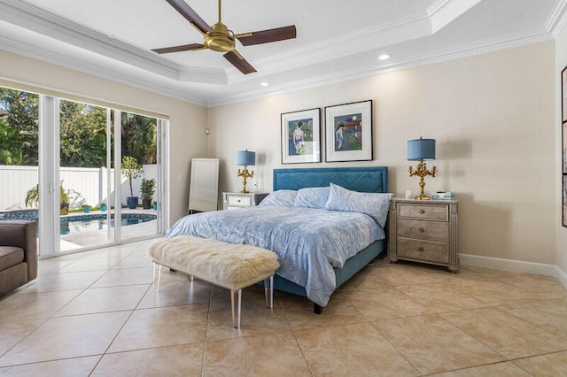 bedroom with ceiling fan, light tile patterned floors, crown molding, and access to outside