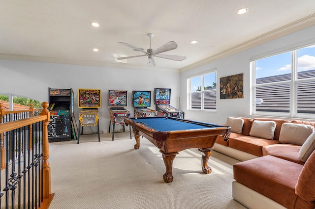 recreation room with ceiling fan, light carpet, ornamental molding, and billiards