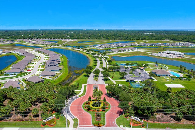 birds eye view of property featuring a water view