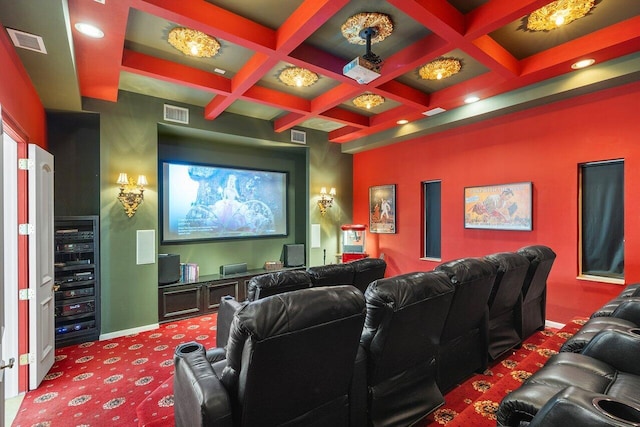 home theater featuring carpet and coffered ceiling