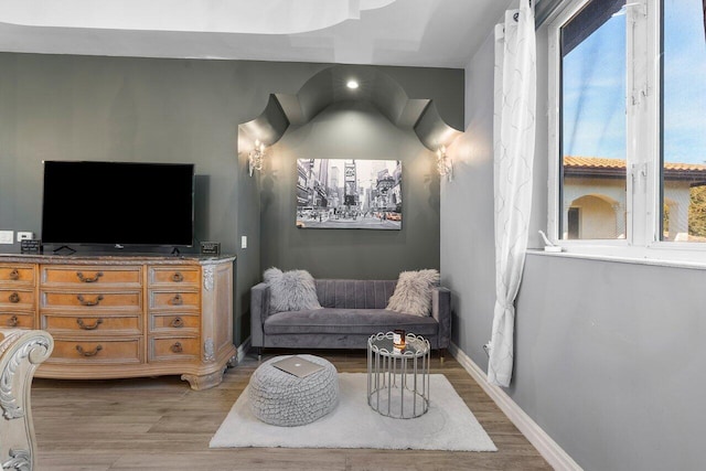 living area with hardwood / wood-style flooring