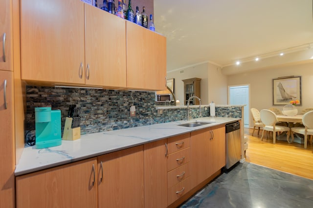 kitchen with decorative backsplash, dark wood-type flooring, crown molding, sink, and dishwasher