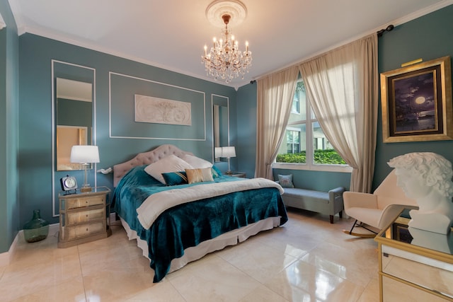 bedroom featuring ornamental molding and an inviting chandelier