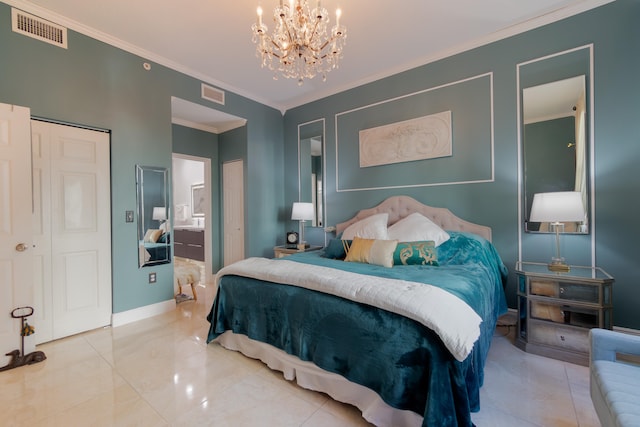 bedroom with ensuite bathroom, an inviting chandelier, and ornamental molding