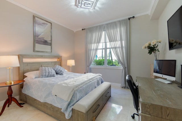 tiled bedroom with ornamental molding