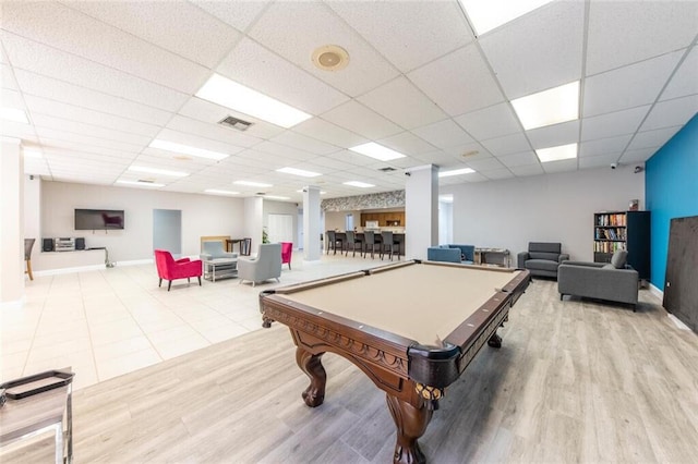 rec room with billiards, baseboards, visible vents, a drop ceiling, and wood finished floors