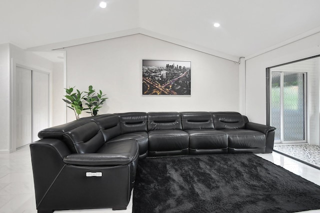 living room featuring lofted ceiling