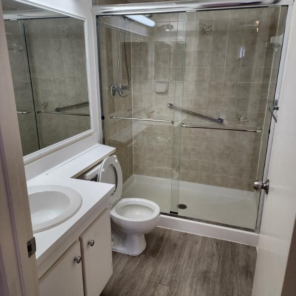 bathroom with wood-type flooring, vanity, toilet, and walk in shower