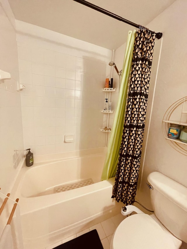 full bathroom featuring toilet and shower / bath combination with curtain