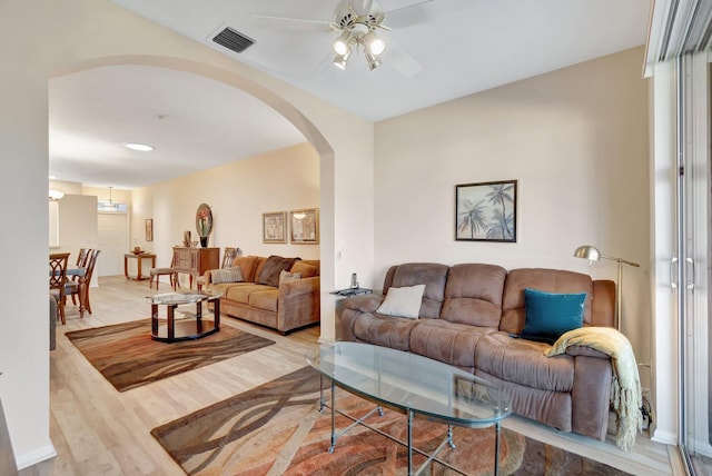 living room with ceiling fan and wood-type flooring