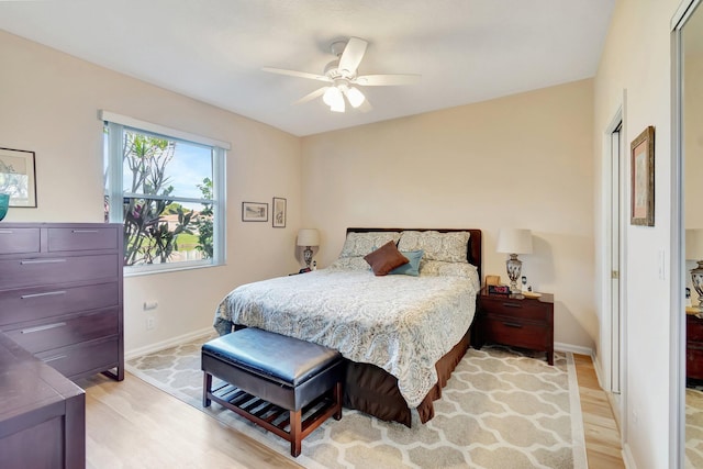 bedroom featuring ceiling fan and light wood-type flooring