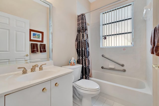 full bathroom with shower / tub combo with curtain, vanity, toilet, and tile patterned flooring