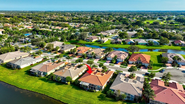 aerial view featuring a water view